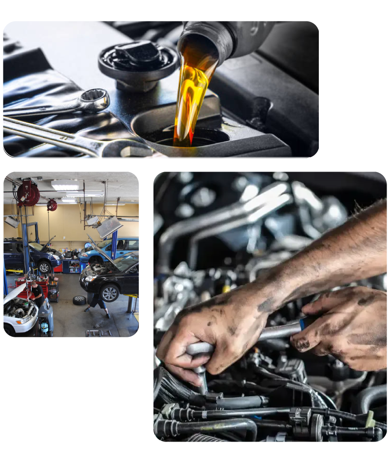 Composite image showing mobile mechanic performing oil change, engine repair, and vehicle tune-up